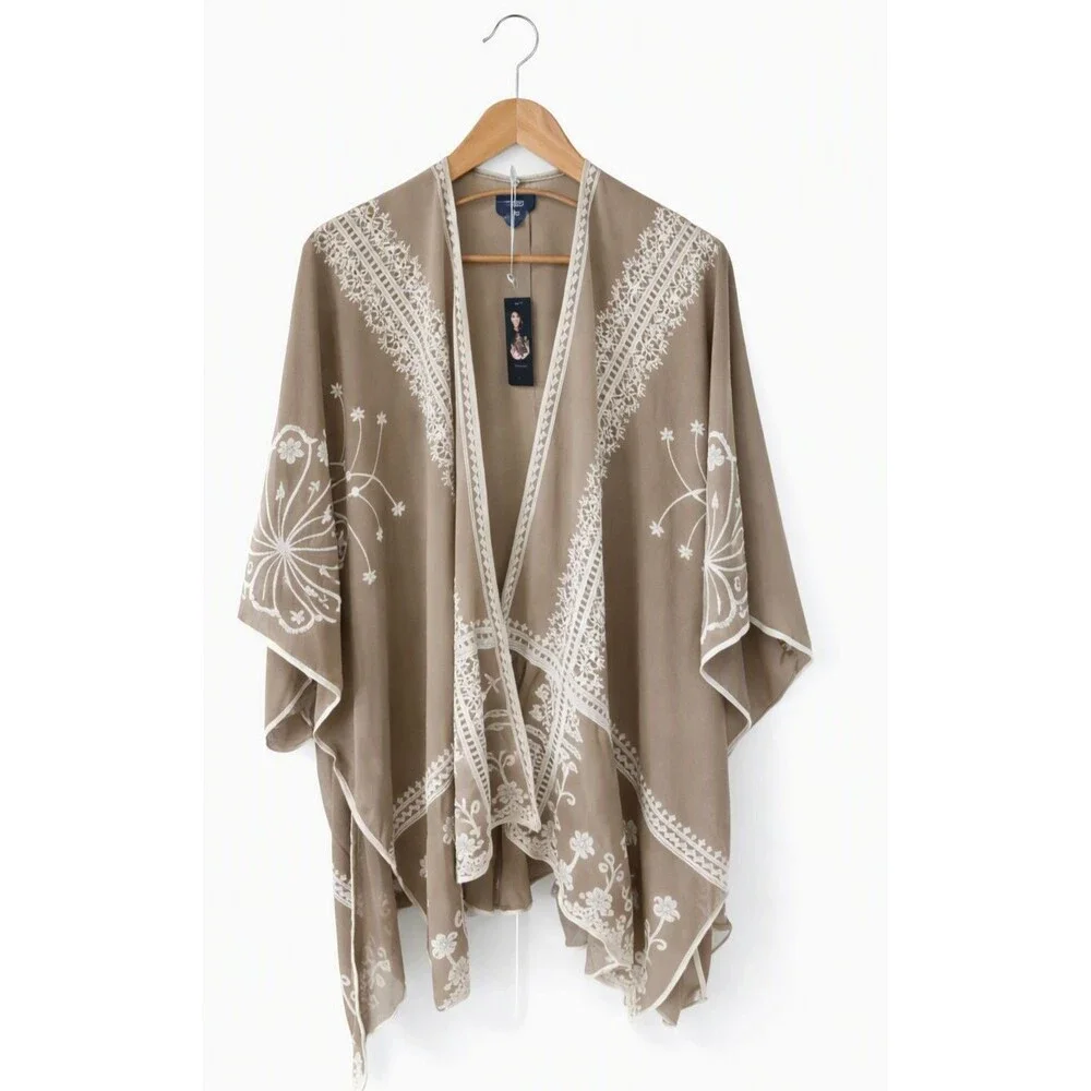 Rachel Women’s Oversized Embroidered Shawl Wrap – Taupe White Lace – NWT